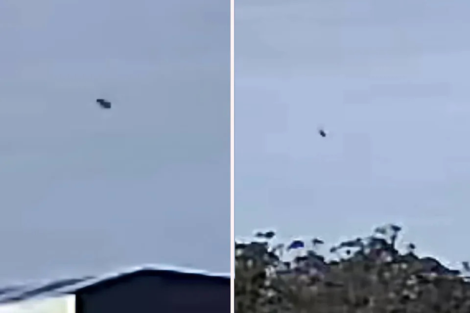 Two images showing a black rock above Bairnsdale at 4:41pm on Sunday.