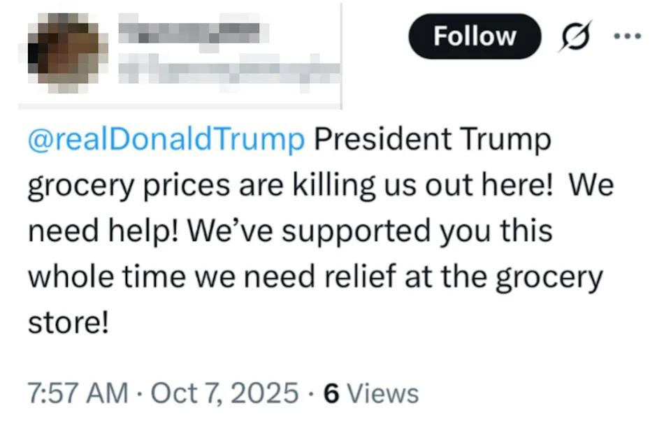 Tweet from TammyHH seeking President Trump's help with high grocery prices, expressing support and urgency for relief. Timestamp: 7:57 AM, Oct 7, 2025