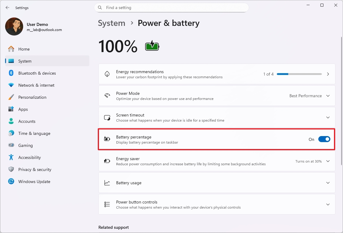 Battery percentage option