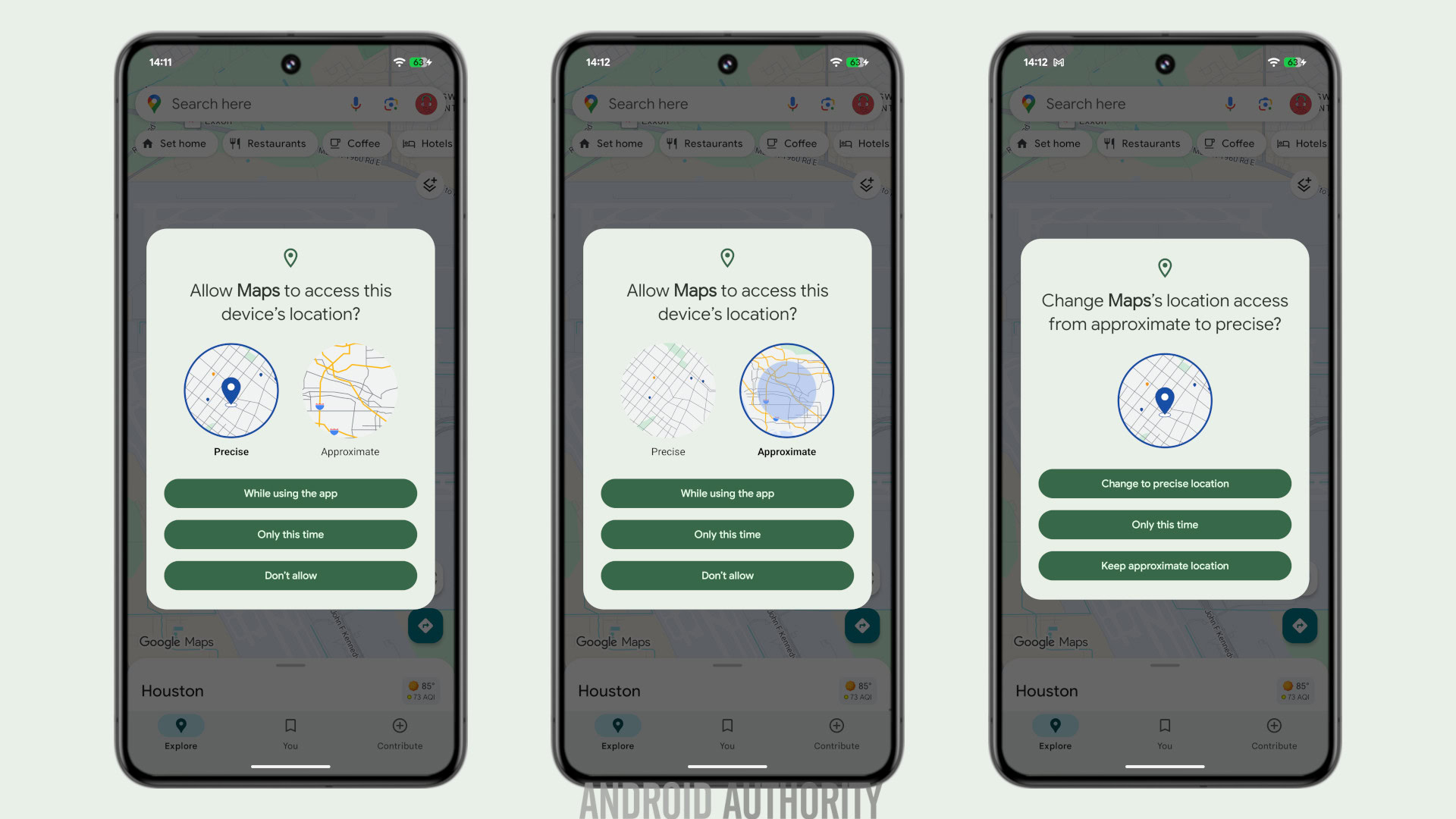 Android approximate and precise location access dialogs