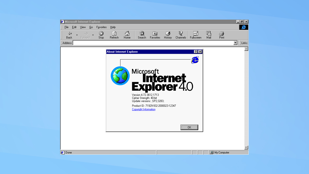 1997 Internet Explorer window on a blue background