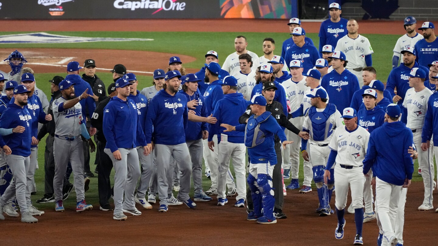  Benches clear at Game 7 of World Series after LA’s Wrobleski hits Toronto’s Giménez with fastball