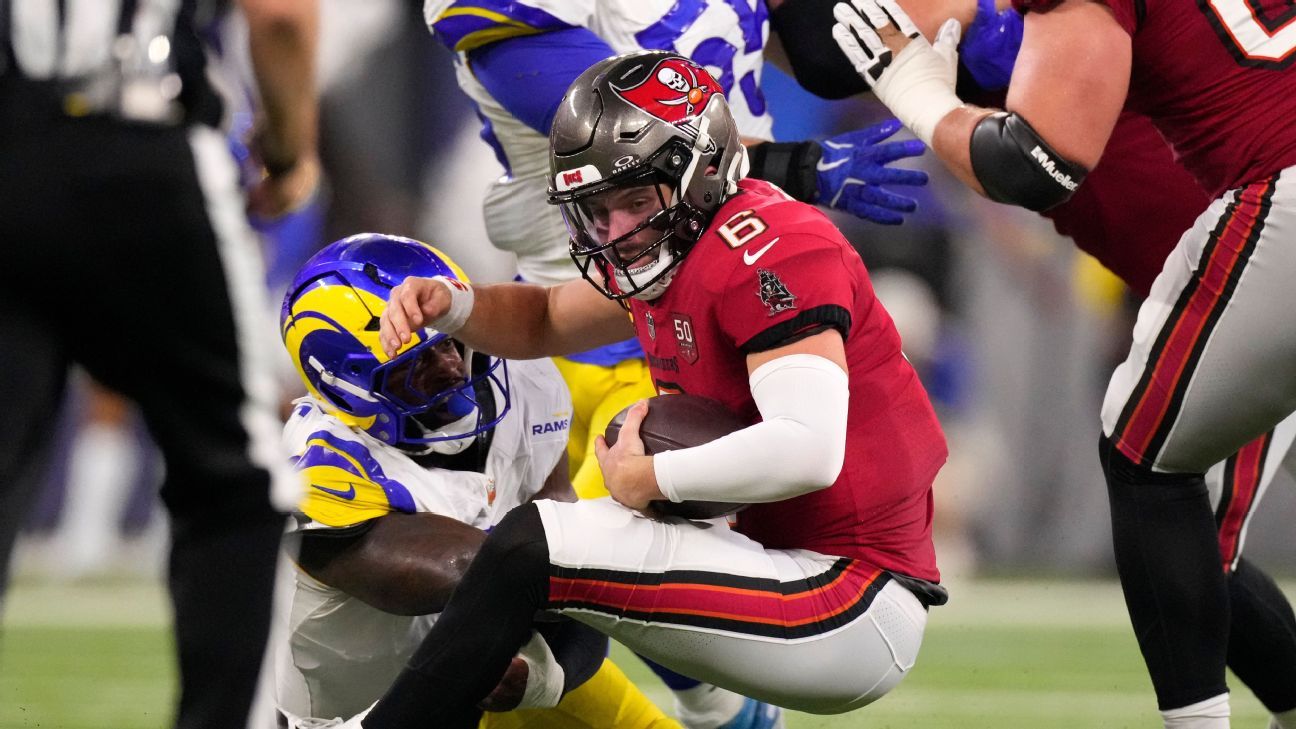 Bucs’ Baker Mayfield out vs. Rams with left shoulder injury