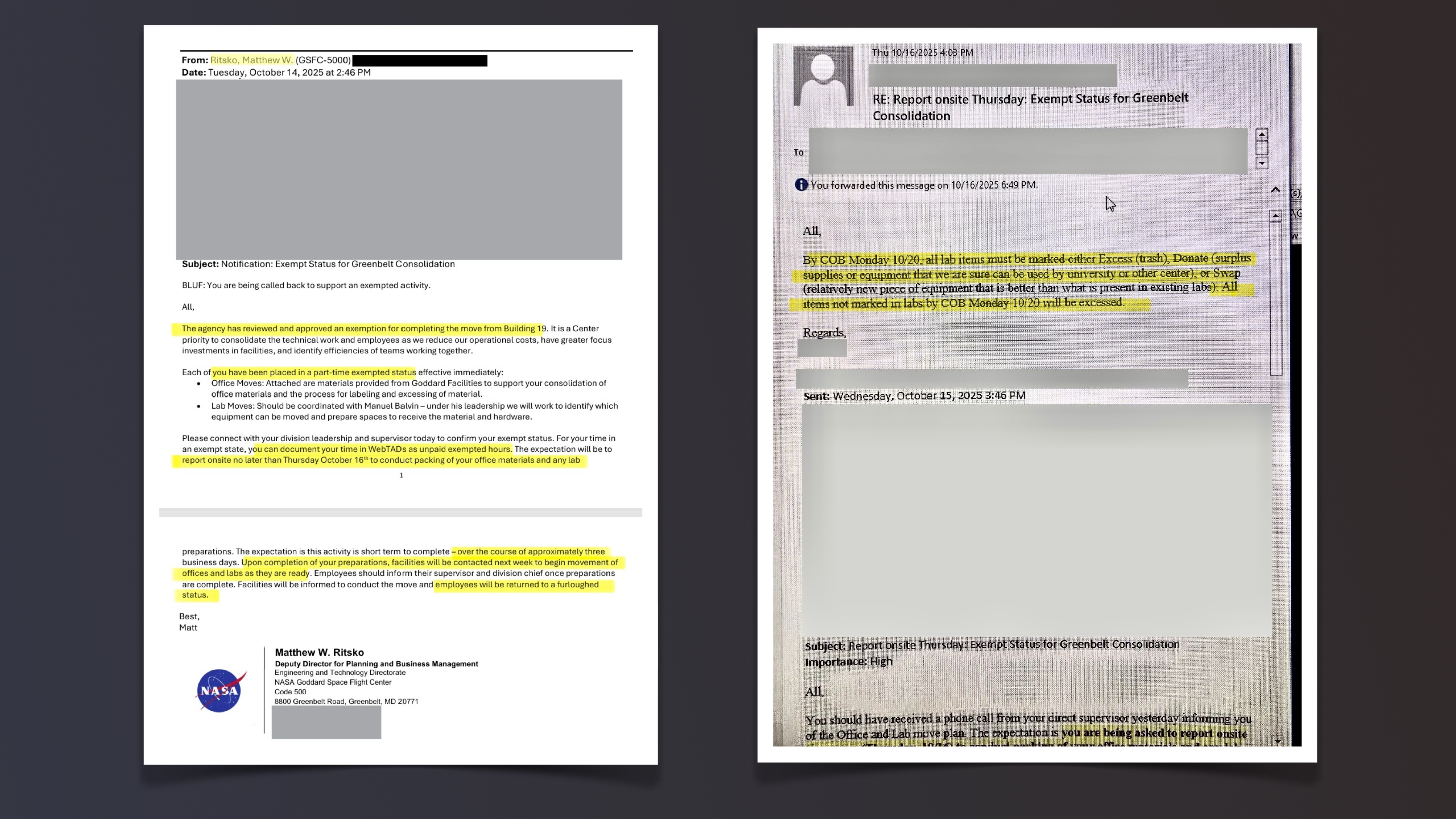 Documents with redactions and highlights.
