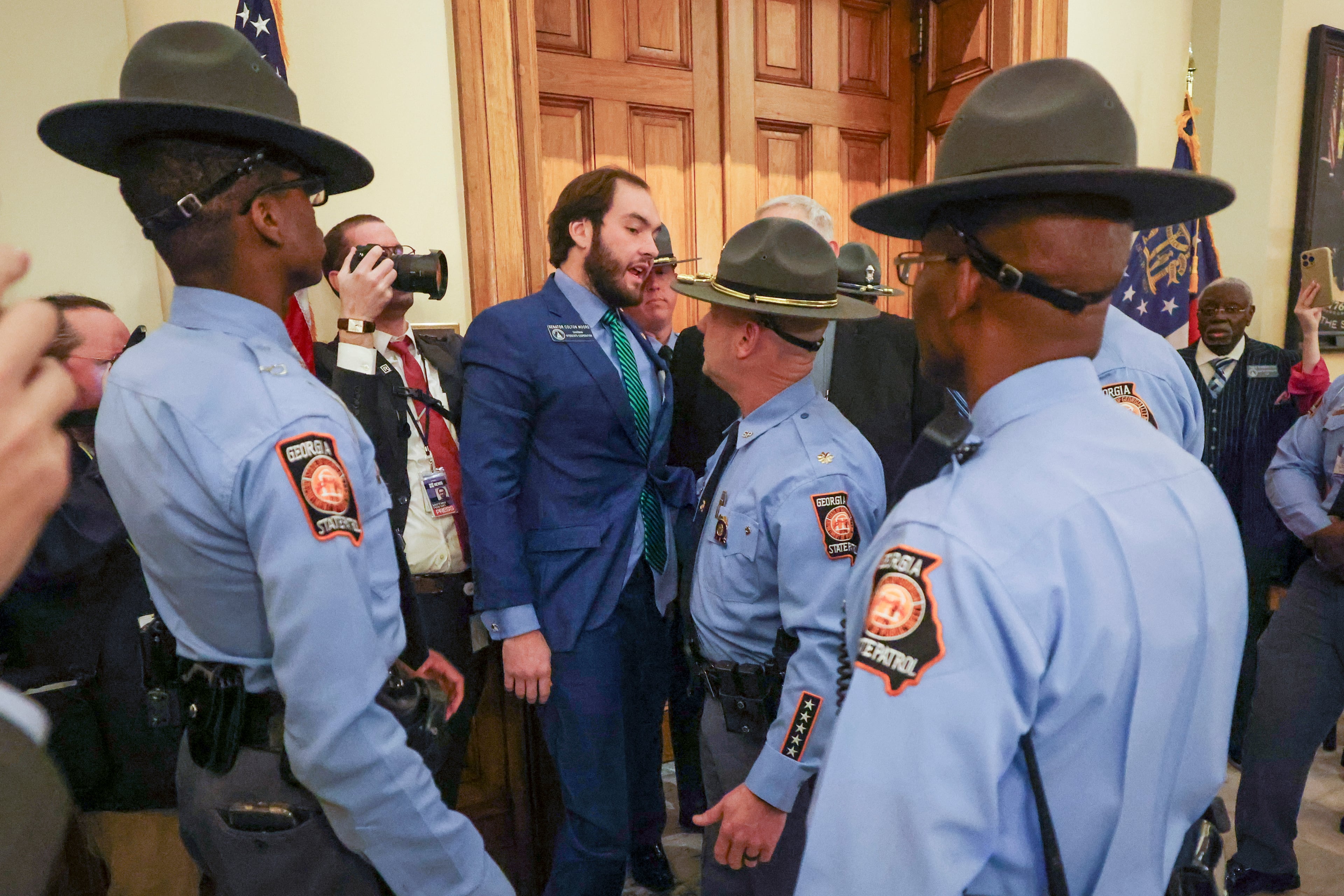 Sen. Colton Moore, R-Trenton, is detained by Georgia State Patrol as he attempts to enter the state House of Representatives for the State of the State address at the Georgia Capitol on Thursday, Jan. 16, 2025, in Atlanta. (Jason Getz/AJC)
