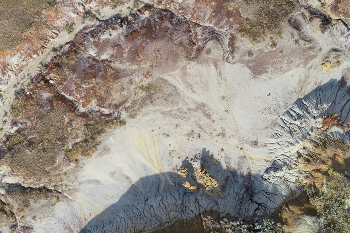 Drone image of bonebeds in Dinosaur Provincial Park