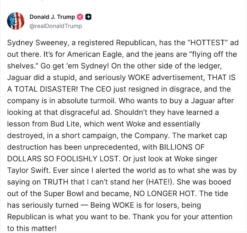 Trump's post on Truth Social from Aug. 4