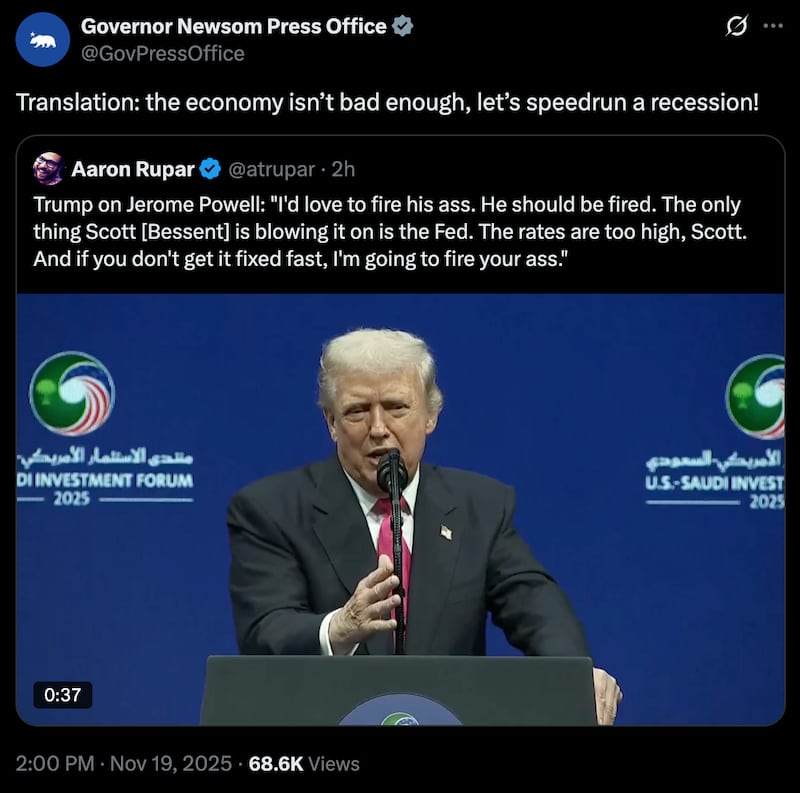 Gavin Newsom X post about Donald Trump