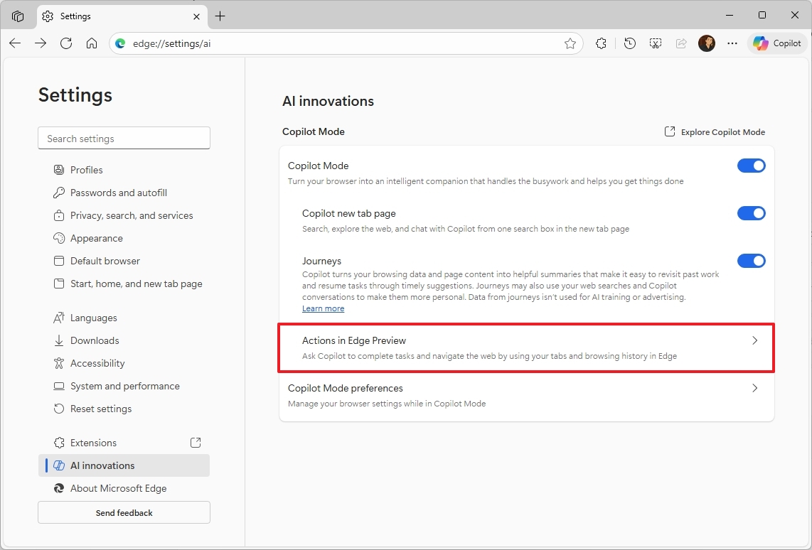 Actions in Edge Preview