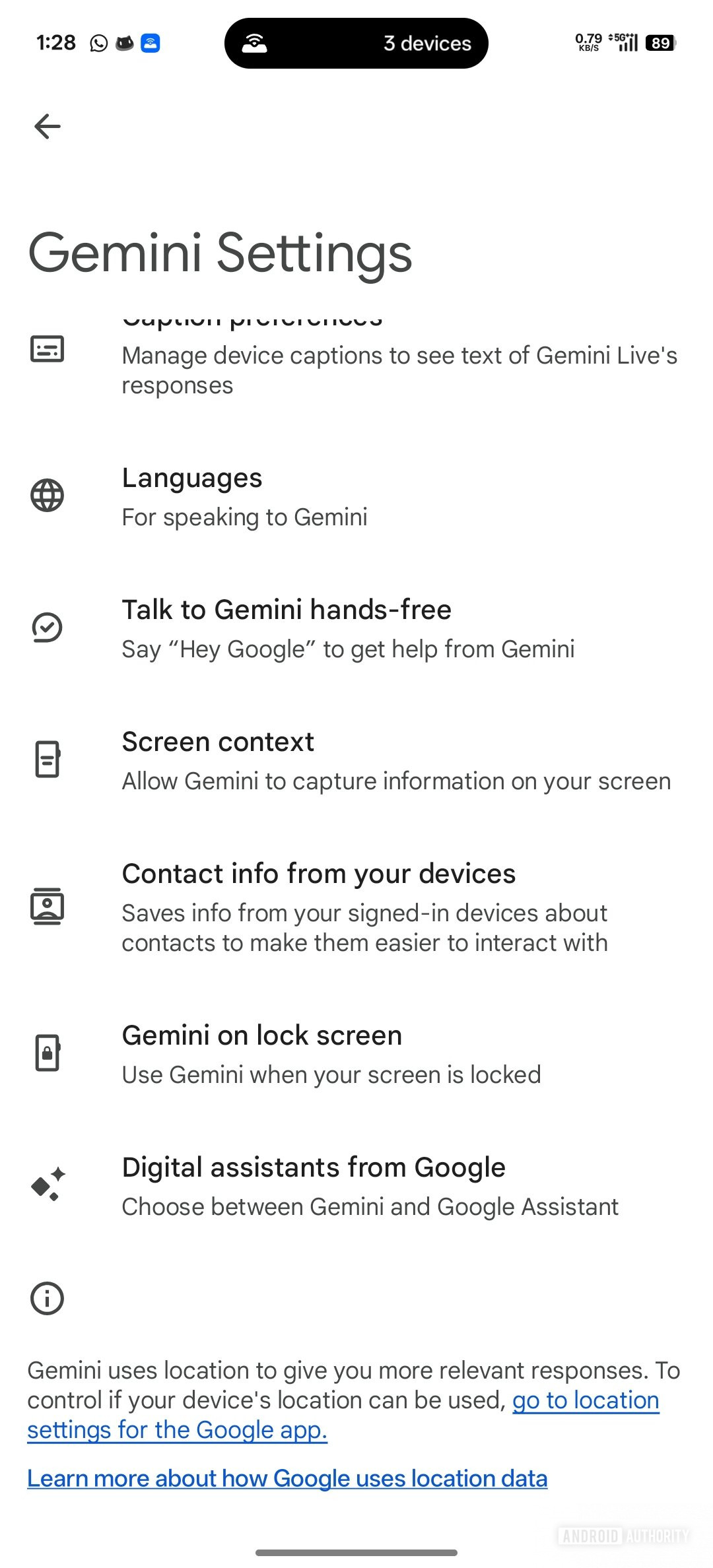 Gemini settings Choice screen for digital assistants