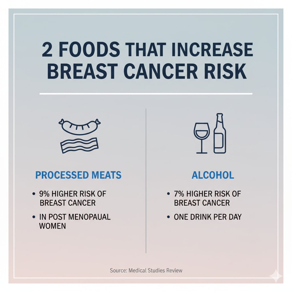 Dr Christine Lai highlights two foods that increase breast cancer risk: Processed meats and alcohol. (Made using Gemini AI)