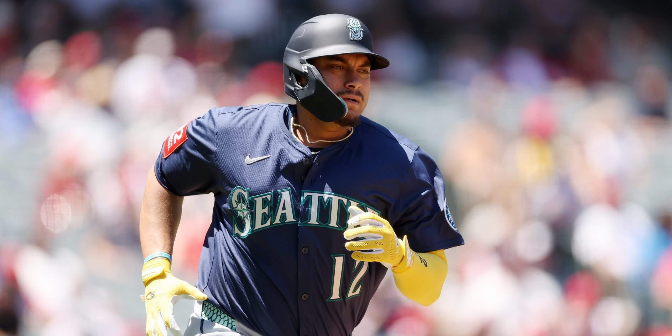 Josh Naylor of the Seattle Mariners in action against the Los Angeles Angels. (Photo by Luke Hales/Getty Images)