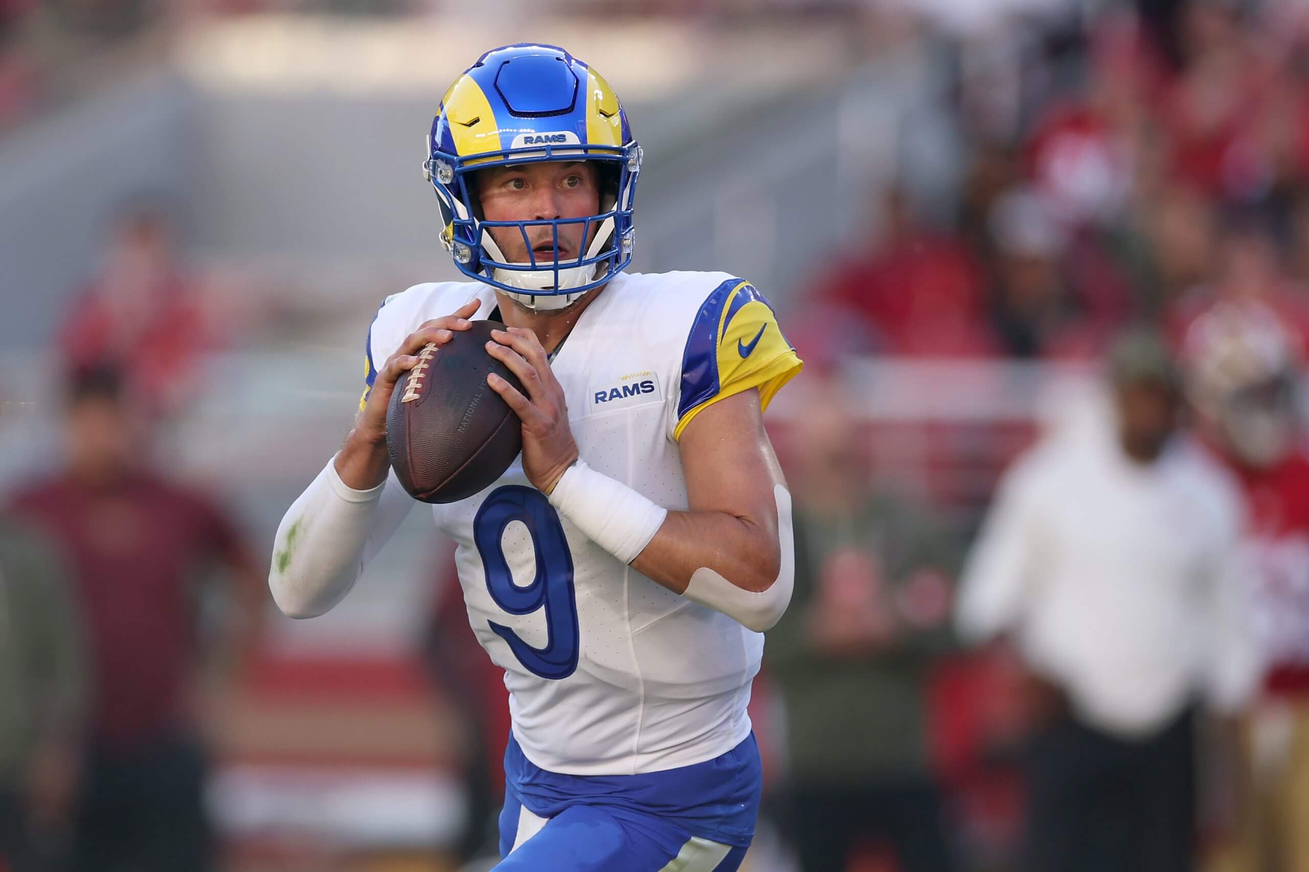 Matthew Stafford #9 of the Los Angeles Rams drops back to pass the ball during the NFL 2025 game between Los Angeles Rams and San Francisco 49ers at Levi's Stadium.