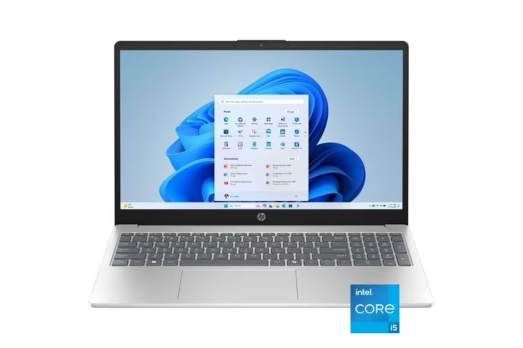 A HP laptop with a blue graphic on its screen.