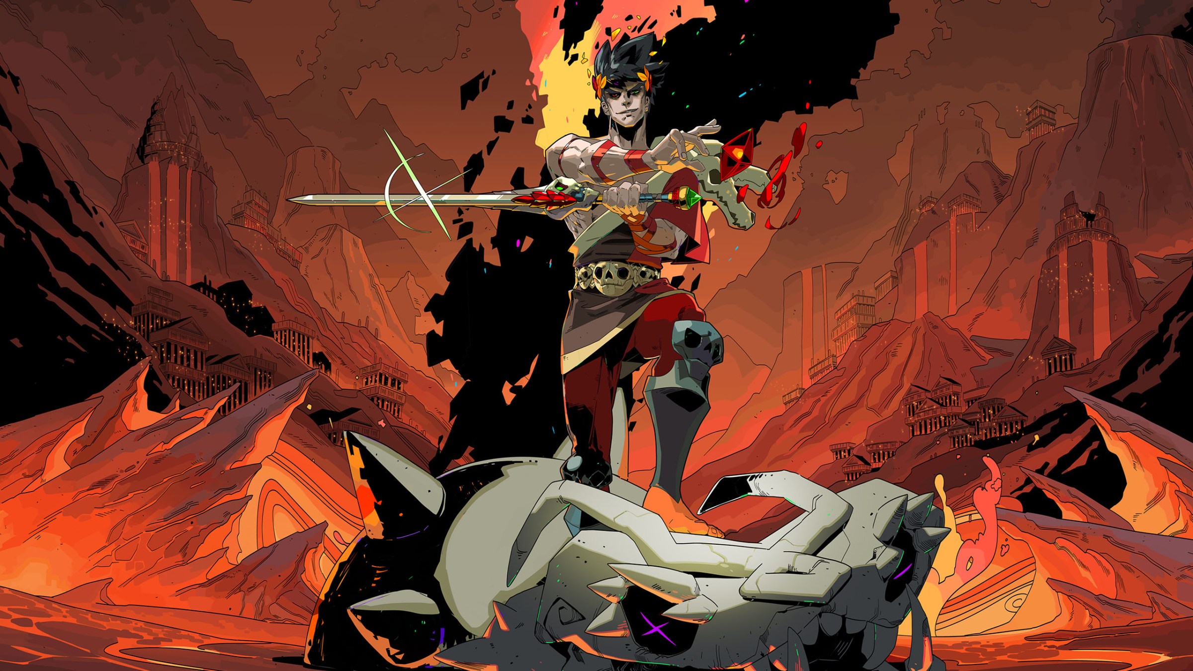 Key art for Hades featuring the Prince Zagreus standing on a hydra skull against a hellish background