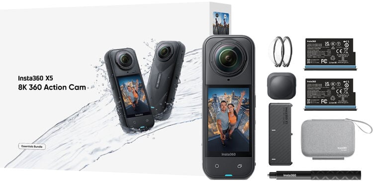 Insta360 X5 8K 360 action camera bundle with two batteries, charging case, lens cap, two lens guards, carrying case, selfie stick, and product packaging featuring the camera’s image.