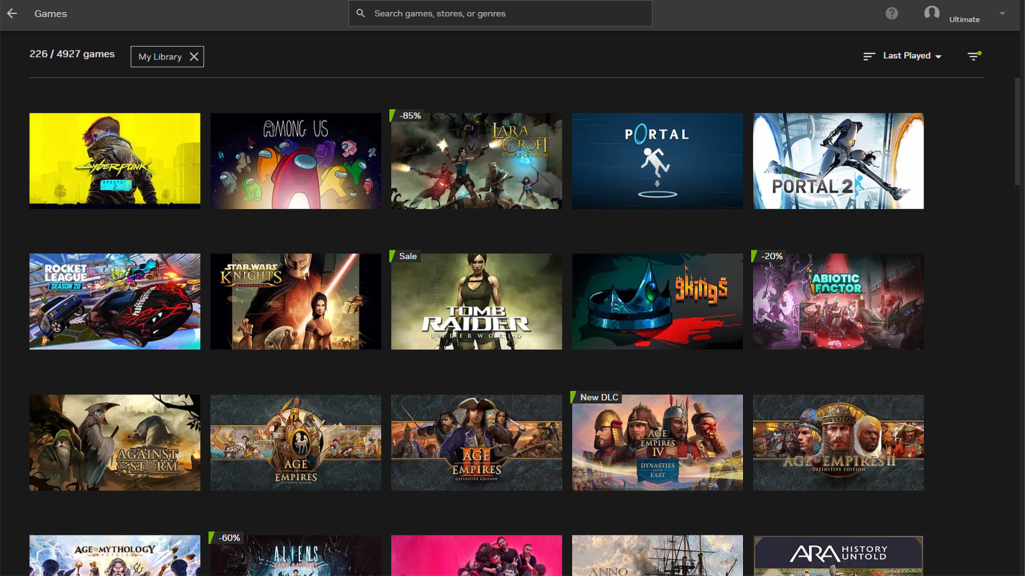 The My Library page on GeForce NOW showing dozens of titles.