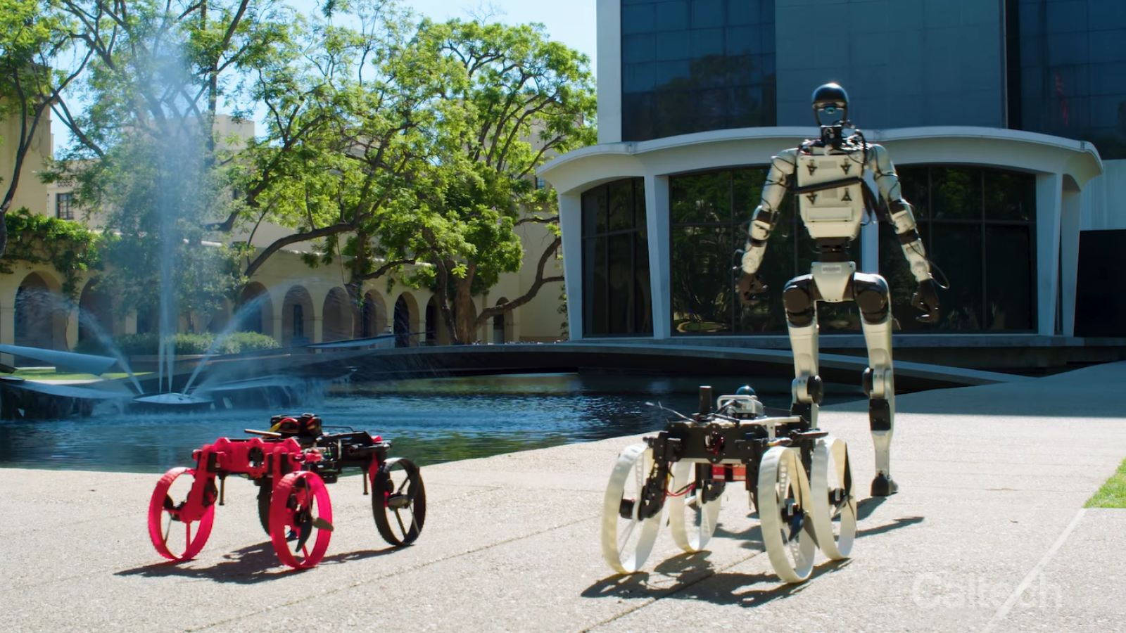 Humanoid robot with two drones driving on the pavement in front.