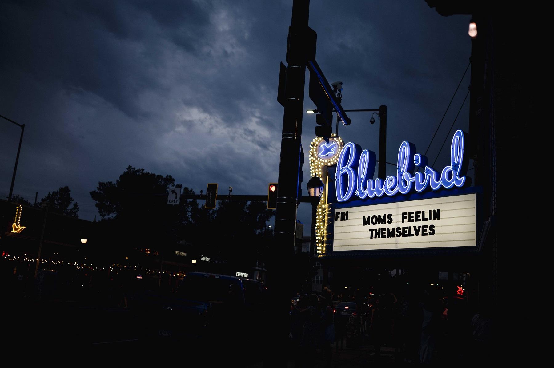 Image shows the Bluebird marquee at nighttime