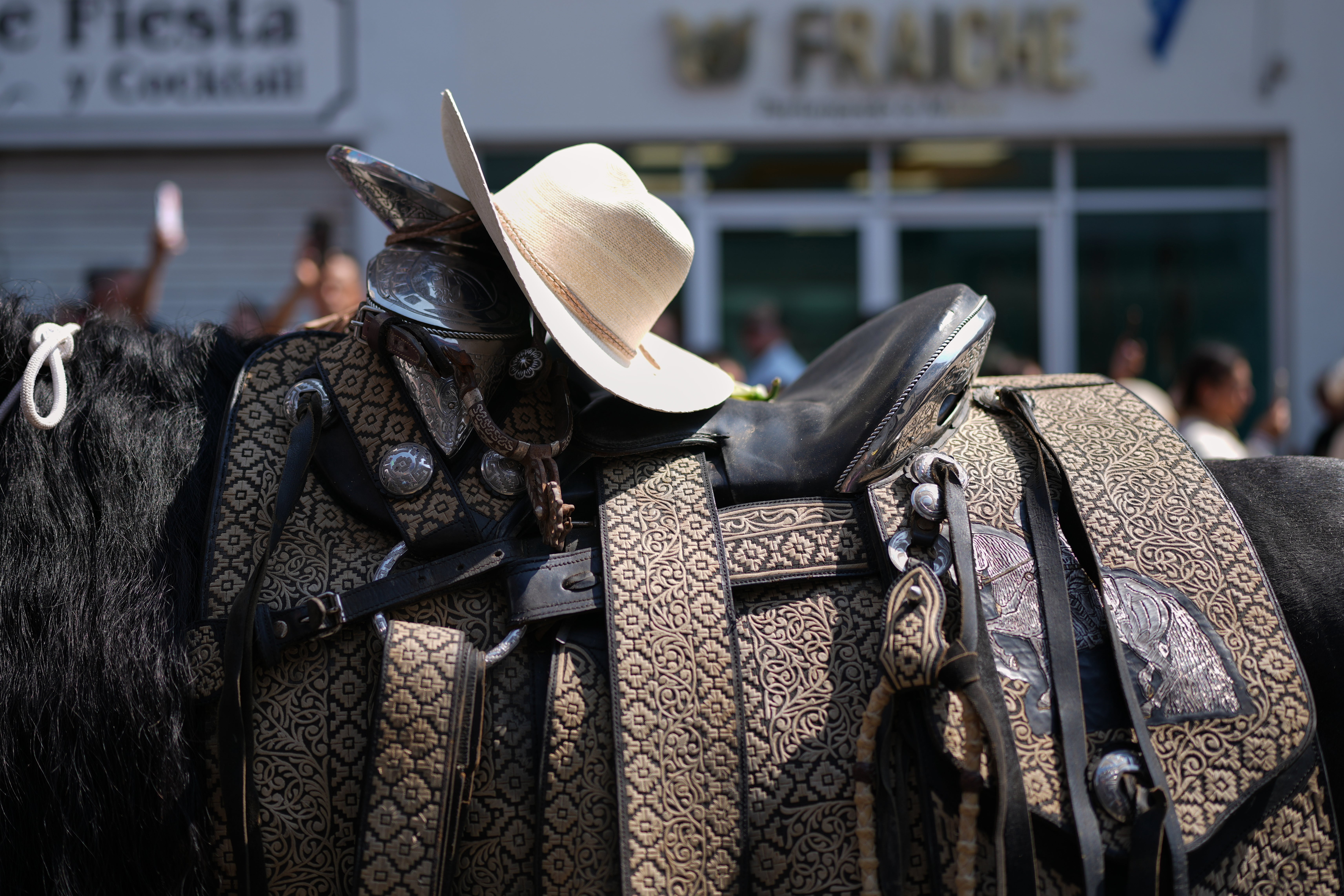 A hat worn by late Mayor Carlos Manzo Rodriguez, who was shot during the Day of the dead celebrations, sits on his horse at his funeral in Uruapan, Michoacan state, Mexico, Sunday, Nov. 2, 2025. (AP Photo/Eduardo Verdugo)