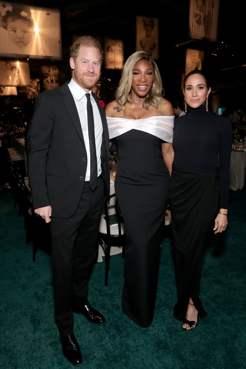 WEST HOLLYWOOD, CALIFORNIA - NOVEMBER 08: (L-R) Prince Harry, Duke of Sussex, Serena Williams and Meghan, Duchess of Sussex attend the 2025 Baby2Baby Gala Presented By Paul Mitchell at Pacific Design Center on November 08, 2025 in West Hollywood, California. (Photo by Emma McIntyre/Getty Images for Baby2Baby)