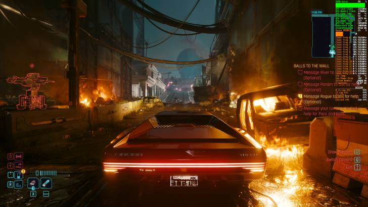 A scene from Cyberpunk 2077 shows a car in a burning alley with onscreen text 'BALLS TO THE WALL,' highlighting GPU stats including 'RTX 4090' and 'Ryzen 7950X3D.'