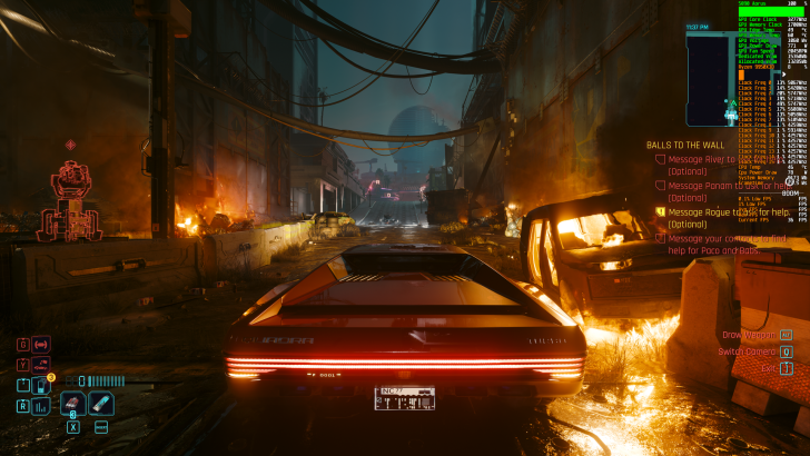 A scene from Cyberpunk 2077 shows a car on a burning street with a performance overlay displaying 'GPU: GeForce RTX 4090' and 'CPU: Ryzen 5950X', along with the mission text 'BALLS TO THE WALL'.