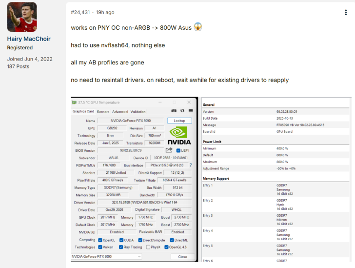A GPU monitoring software displays detailed specifications of an NVIDIA GeForce RTX 5090 with a maximum power limit of 800W, dated January 6, 2025, featuring the GB202 GPU, 5 nm technology, and GDDR7 memory.