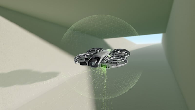 A futuristic drone with four propellers hovers in a modern, angular corridor, surrounded by a semi-transparent digital sphere and green data points, suggesting advanced navigation or scanning technology.