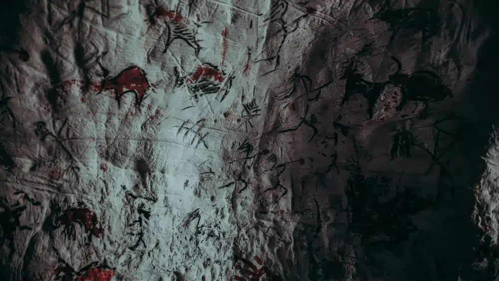 Primitive,prehistoric,neanderthal,drawings,of,animals,and,abstracts.,bonfire,illuminating