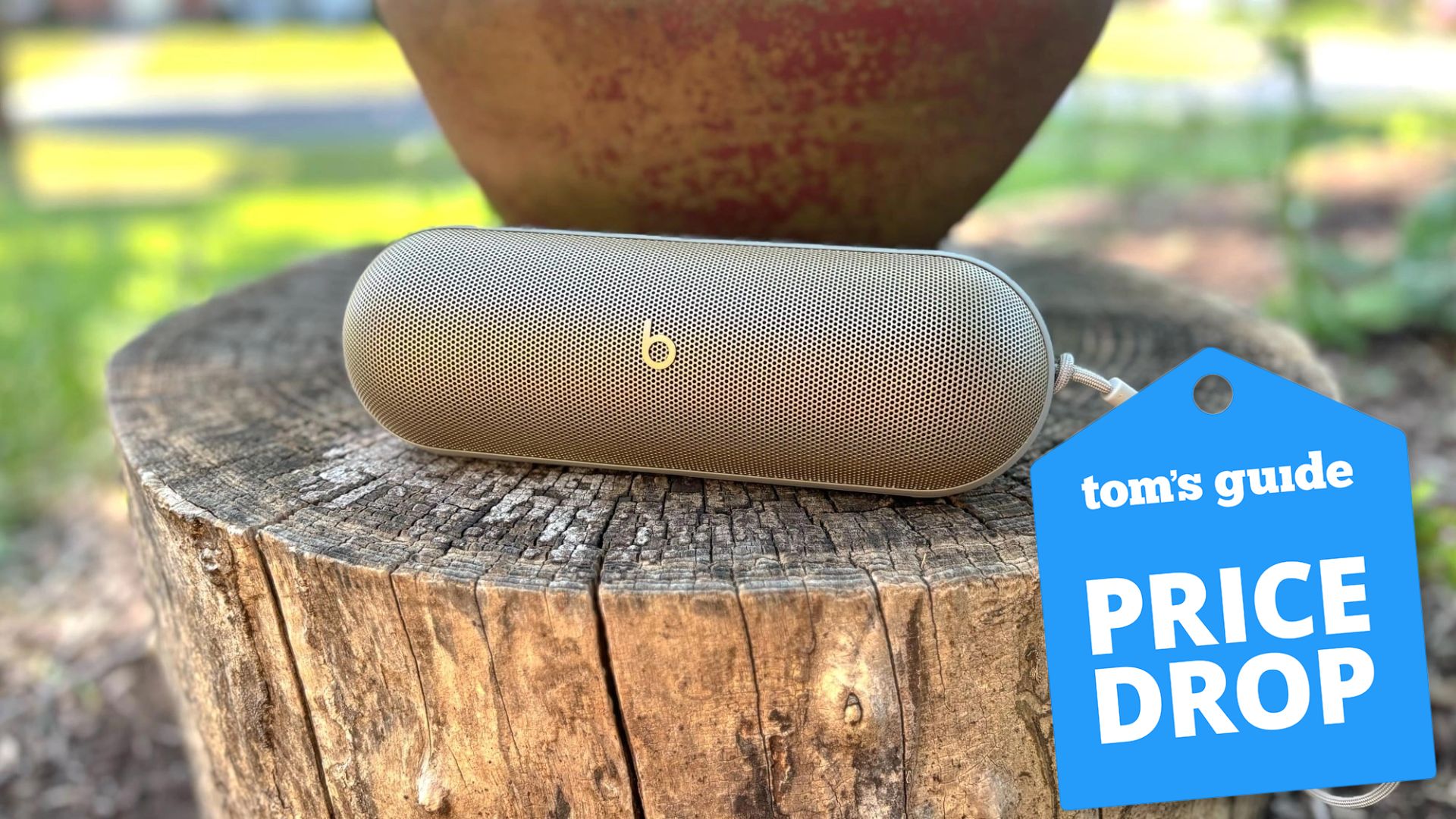 Beats Pill on a wooden seat outside