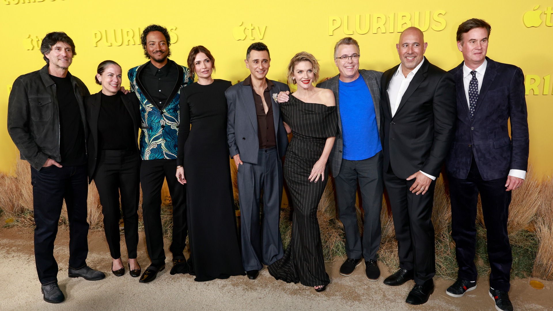 (L-R) Jamie Erlicht, Katherine Pope, President, Sony Pictures Television, Samba Schutte, Karolina Wydra, Rhea Seehorn, Vince Gilligan, Keith Le Goy, Chairman, Sony Pictures Television and Zack Van Amburg attend the world premiere of Apple TV+'s "Pluribus" at DGA Theater Complex on November 04, 2025 in Los Angeles, California. (Photo by Frazer Harrison/Getty Images)