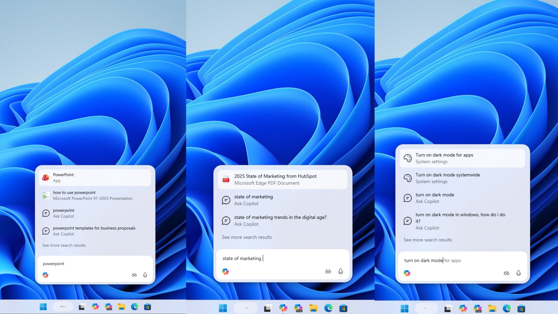 Searching for apps, files and settings in Ask Copilot