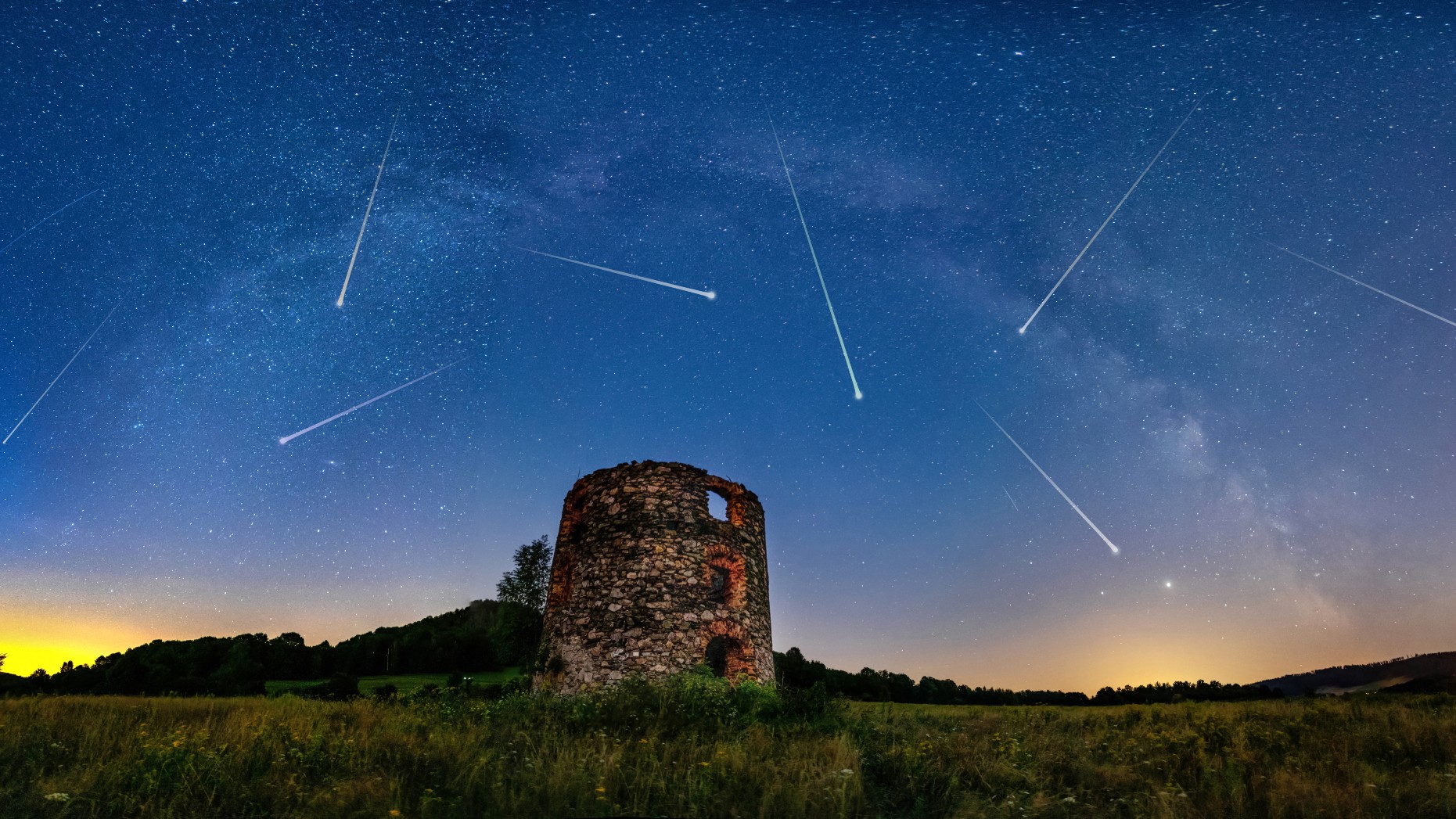 The Leonid meteor shower falls over European ruins