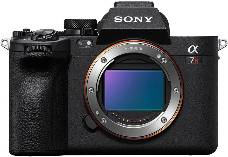 A black Sony Alpha 7R mirrorless digital camera body is shown facing forward with no lens attached, revealing the camera sensor and E-mount. The Sony logo is visible on top.