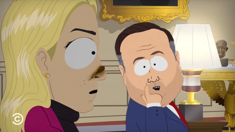 South Park episode showing Pam Bondi with feces on her nose.