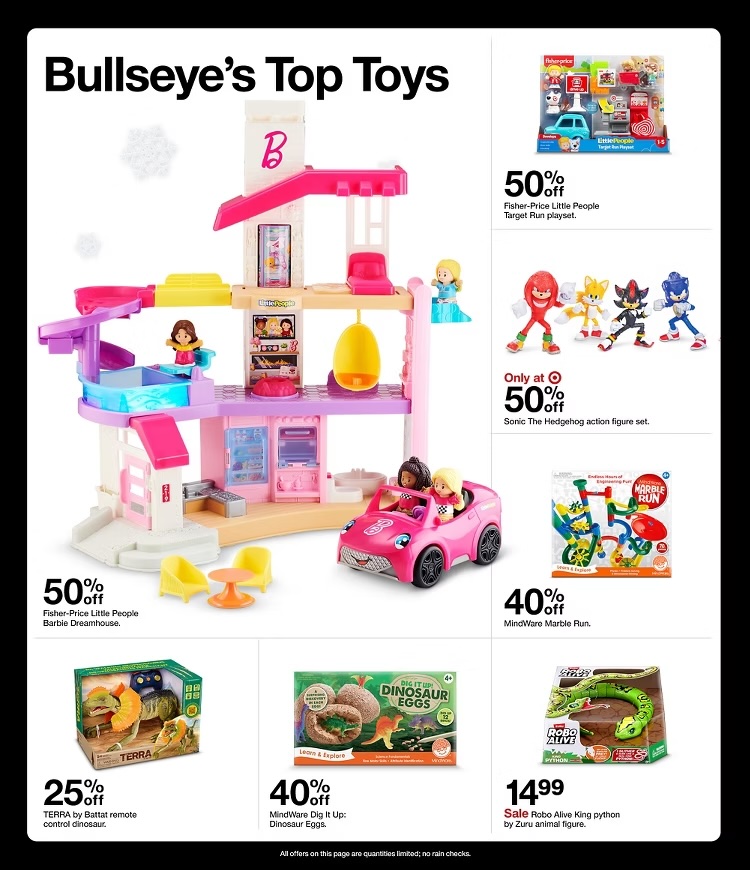 A toy store advertisement with a pink car and toys