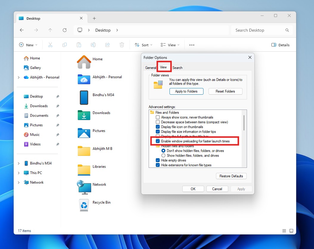 Turn on or off the “Enable window preloading for faster launch times” toggle