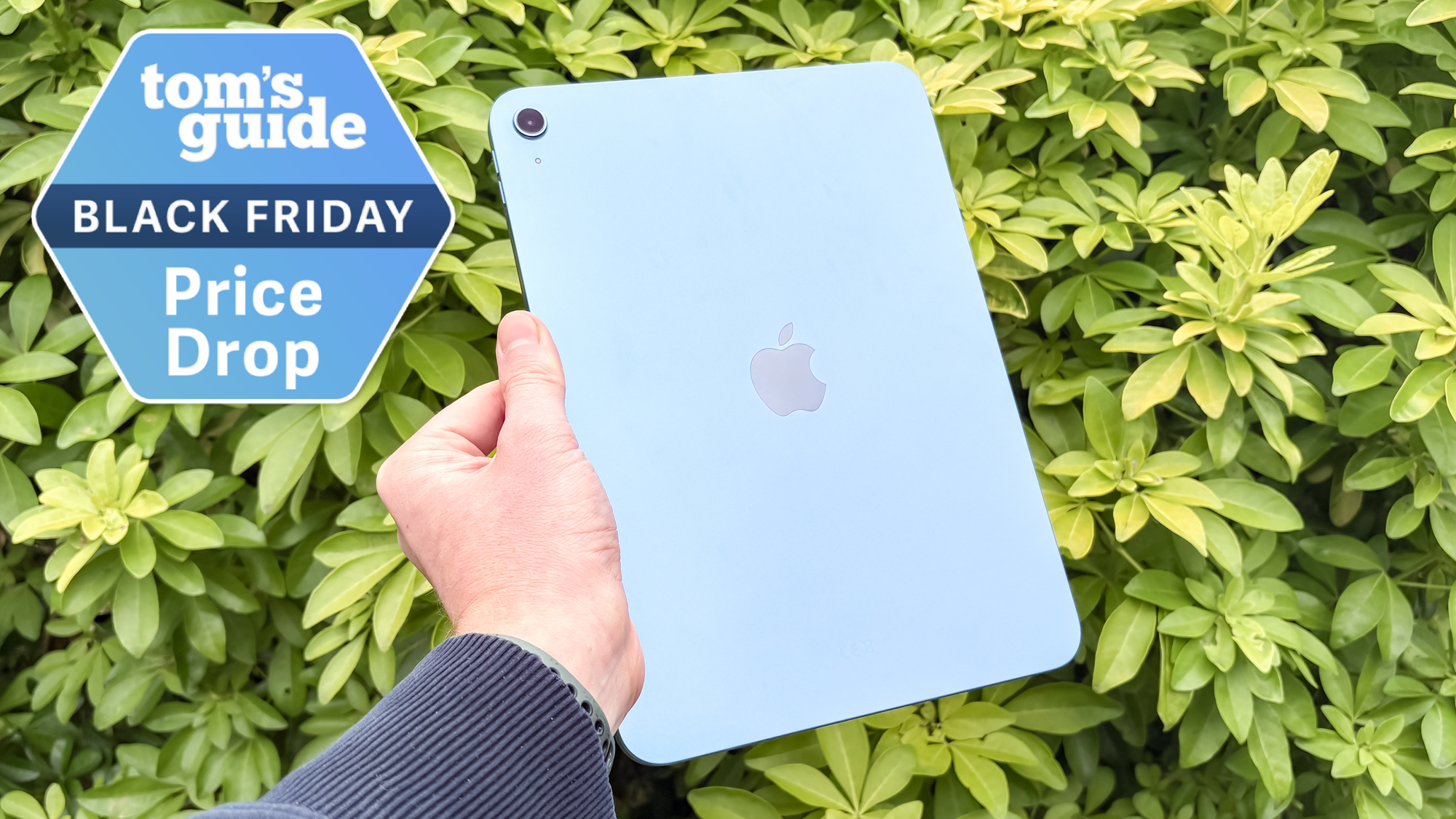 iPad 11 held in hand with green bush behind with Tom's Guide Black Friday Price Drop badge