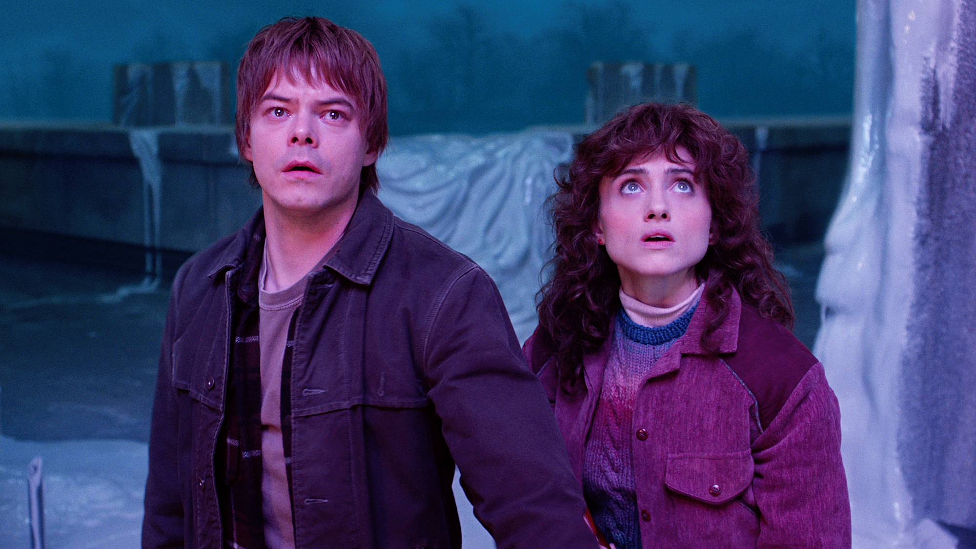 Charlie Heaton as Jonathan Byers and Natalia Dyer as Nancy Wheeler in "Stranger Things" season 5