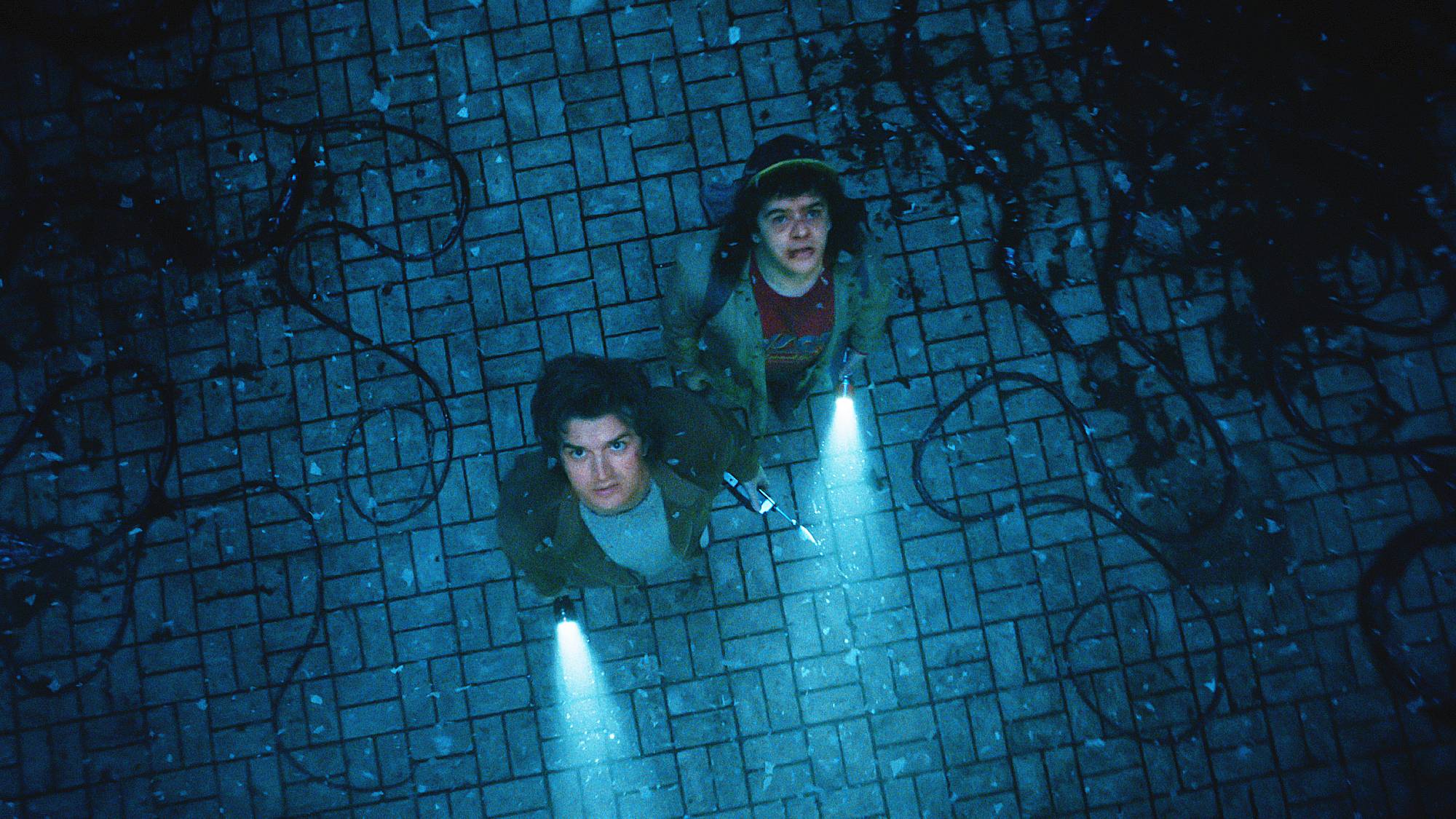 Joe Keery as Steve Harrington and Gaten Matarazzo as Dustin Henderson in "Stranger Things" season 5