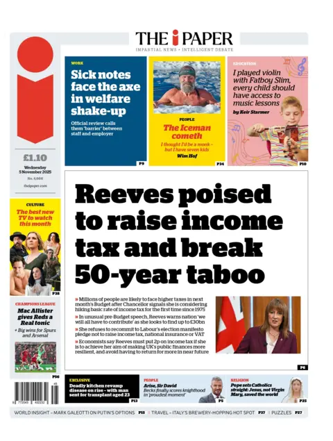 The headline on the front page of the i Paper reads: "Reeves poised to raise income tax and break 50-year taboo".