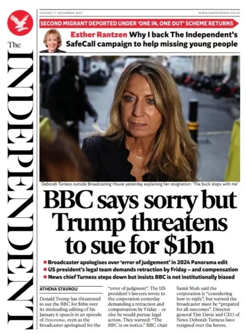 The headline on the front page of the Independent reads: "BBC says sorry but Trump threatens to sue for $1bn". 