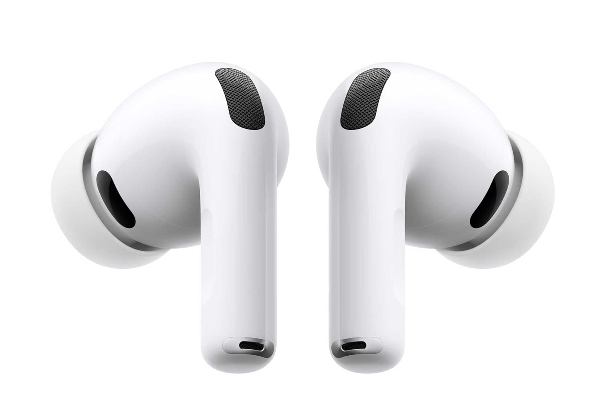 Two white Apple AirPods Pro earphones.