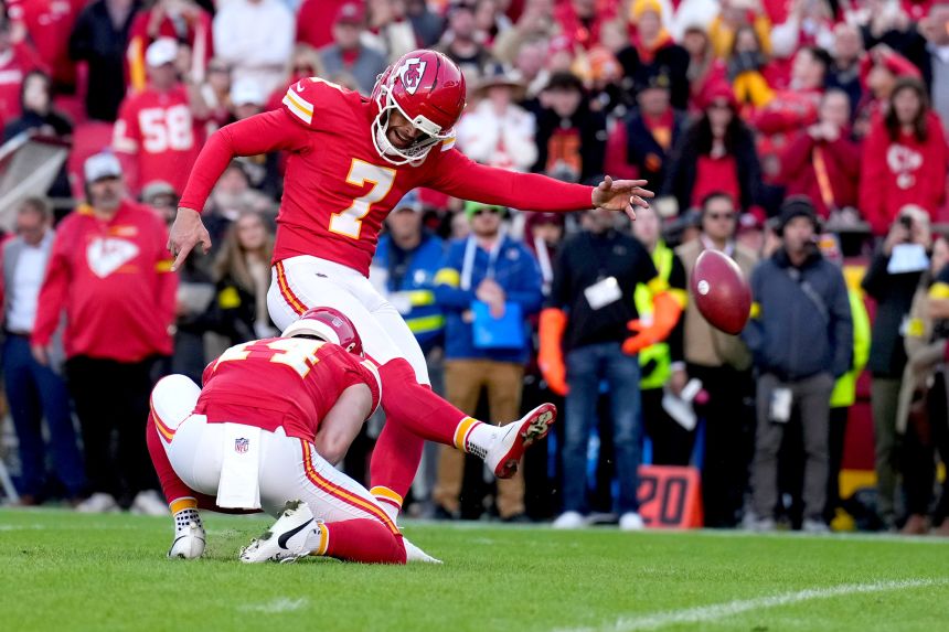 Kansas City Chiefs kicker Harrison Butker kicks the game-winner in OT.