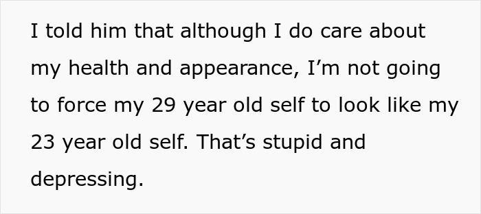 Alt text: Woman rejects boyfriend's demand to return to 110 pounds she weighed six years ago, calling it stupid and depressing.