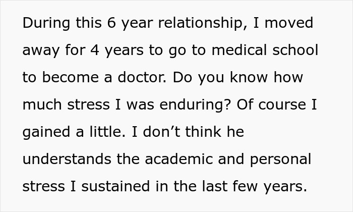 Text excerpt discussing stress and weight gain during a six-year relationship, medical school, and personal challenges.