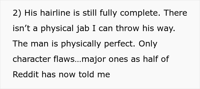 Text discussing a man described as physically perfect, focusing on character flaws and Reddit feedback.