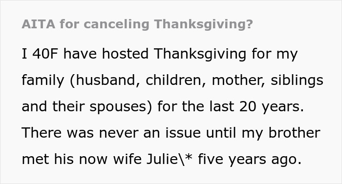 Woman Cancels Thanksgiving After 20 Years Of Hosting Because Of Sister-In-Law's Crazy Diet
