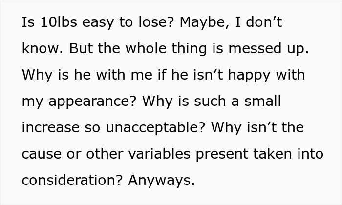 Text excerpt discussing the difficulty of losing 10 pounds and questioning a partner's dissatisfaction with a small weight increase.